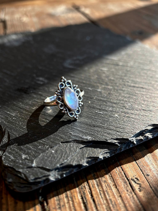 Ethereal Moonstone Filigree Ring in Sterling Silver