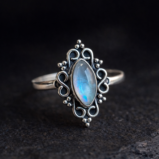 Ethereal Moonstone Filigree Ring in Sterling Silver