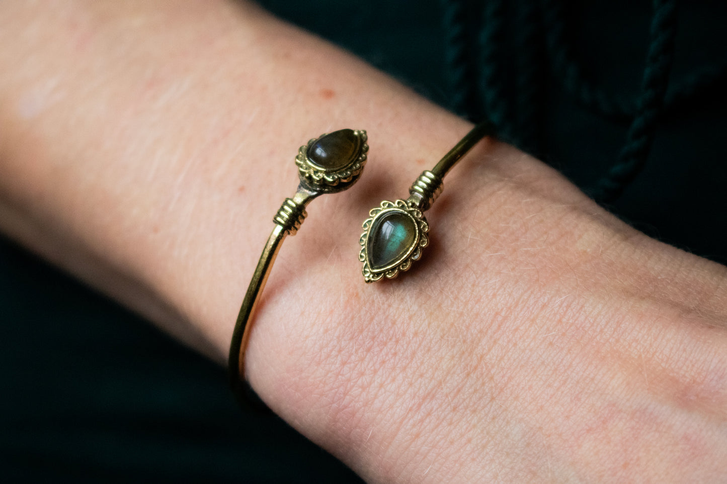 Teardrop Stone Brass Cuff Bracelet - Available in various gemstones